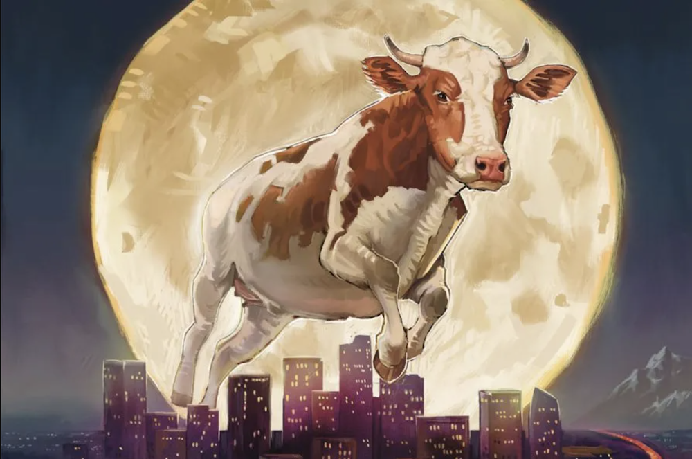 A cow jumps over the city of Denver illuminated by an oversized moon in the background