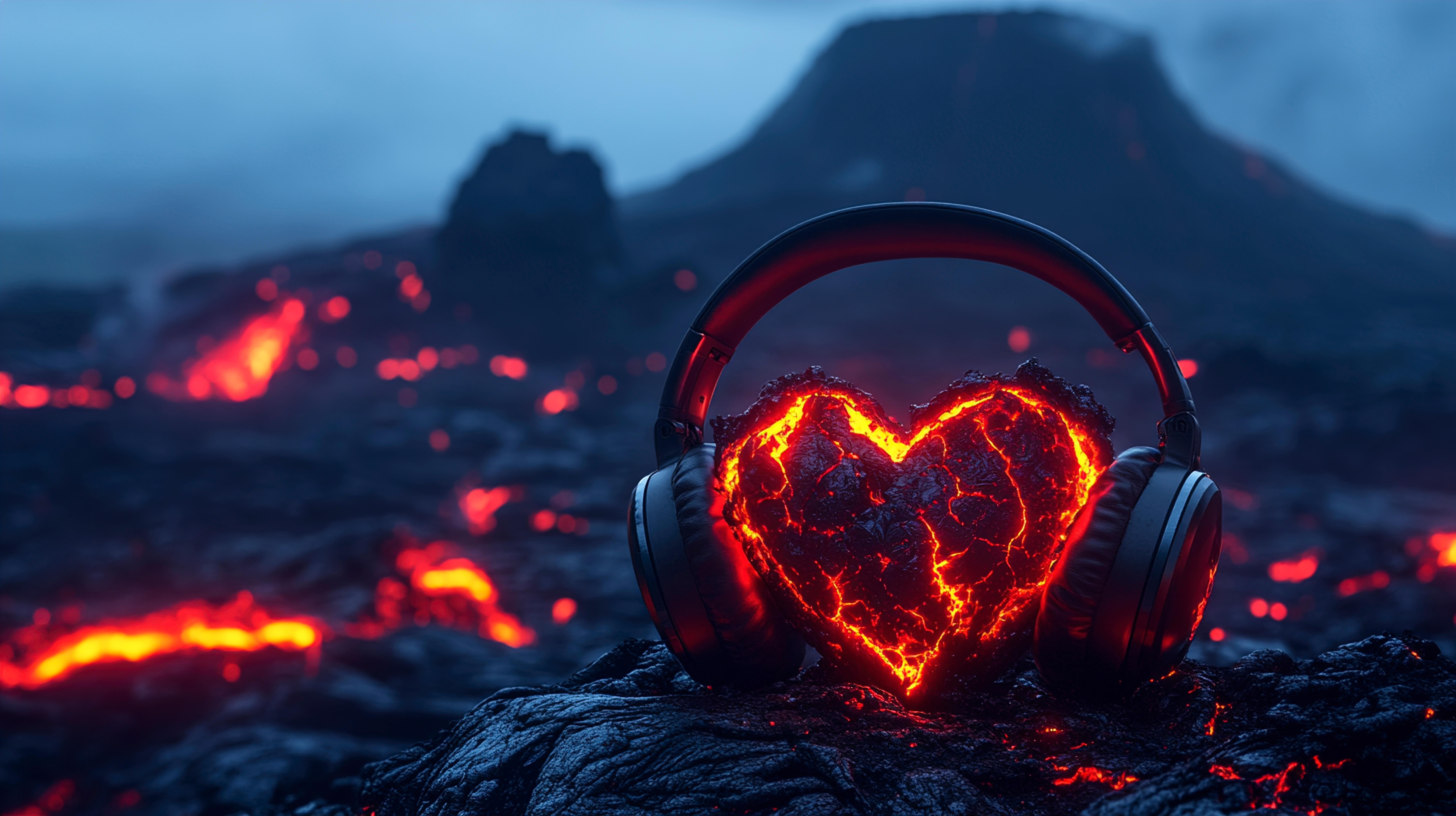 Volcanic rock and lava in the shape of a heart with headphones around it