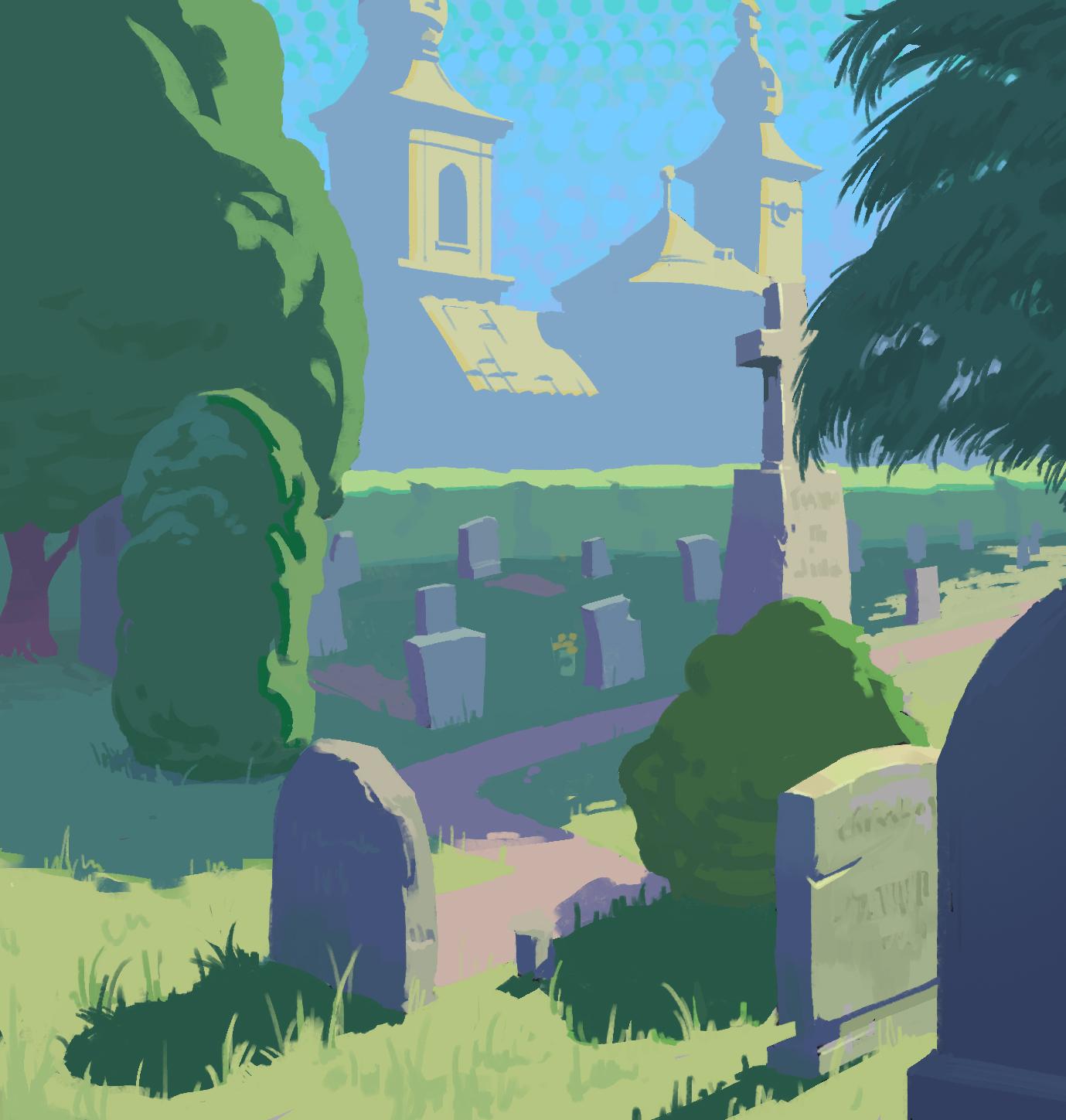 Illustration of a German church with cemetery