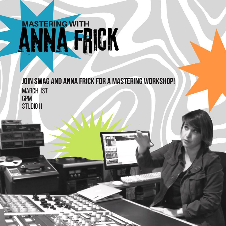 Anna Frick sitting behind a sound board