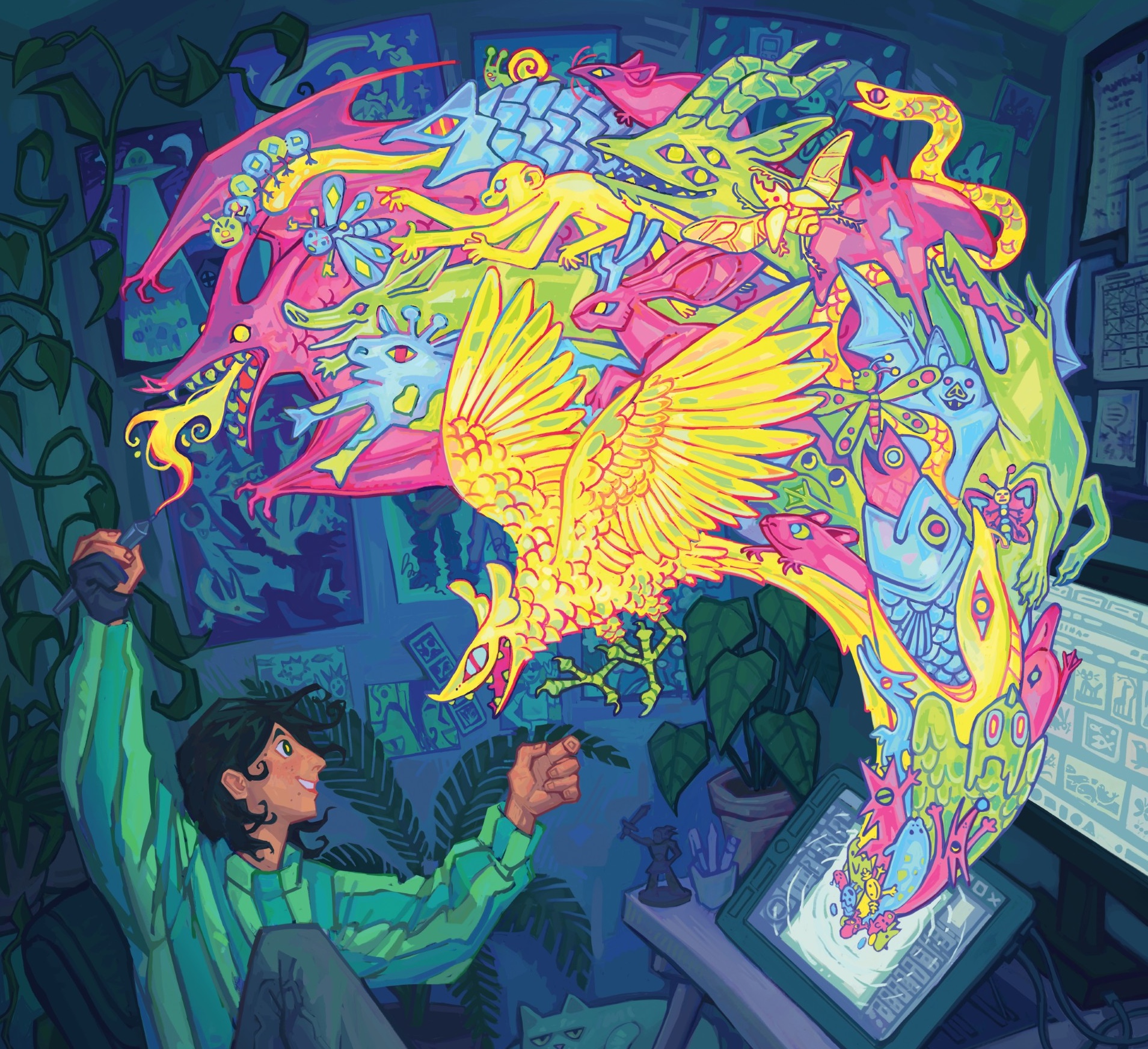 illustration of a person drawing an image that has escaped a digital screen