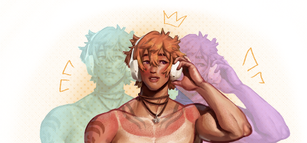 Clip of the poster used for the ILL Exhibition. Slightly sunburnt shirtless man holding one side of his headphones with two different colored afterimages on either side of him.