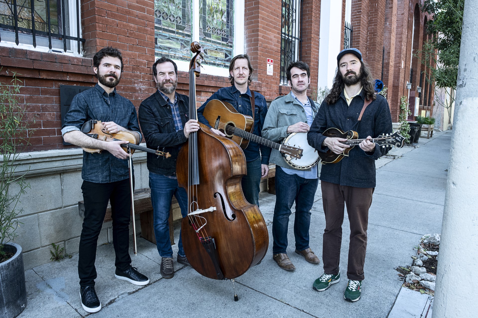 Five members of the bluegrass band Mighty Poplar
