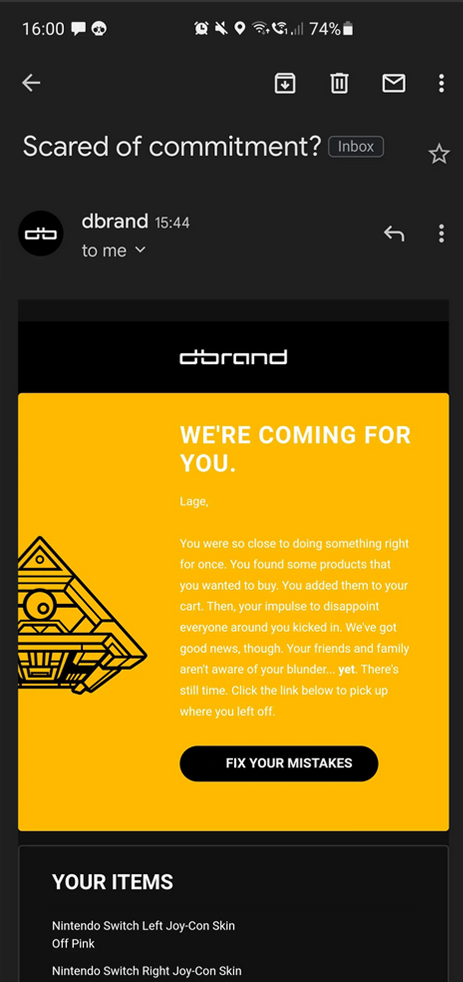 screenshot of an email message from dbrand”
title=
